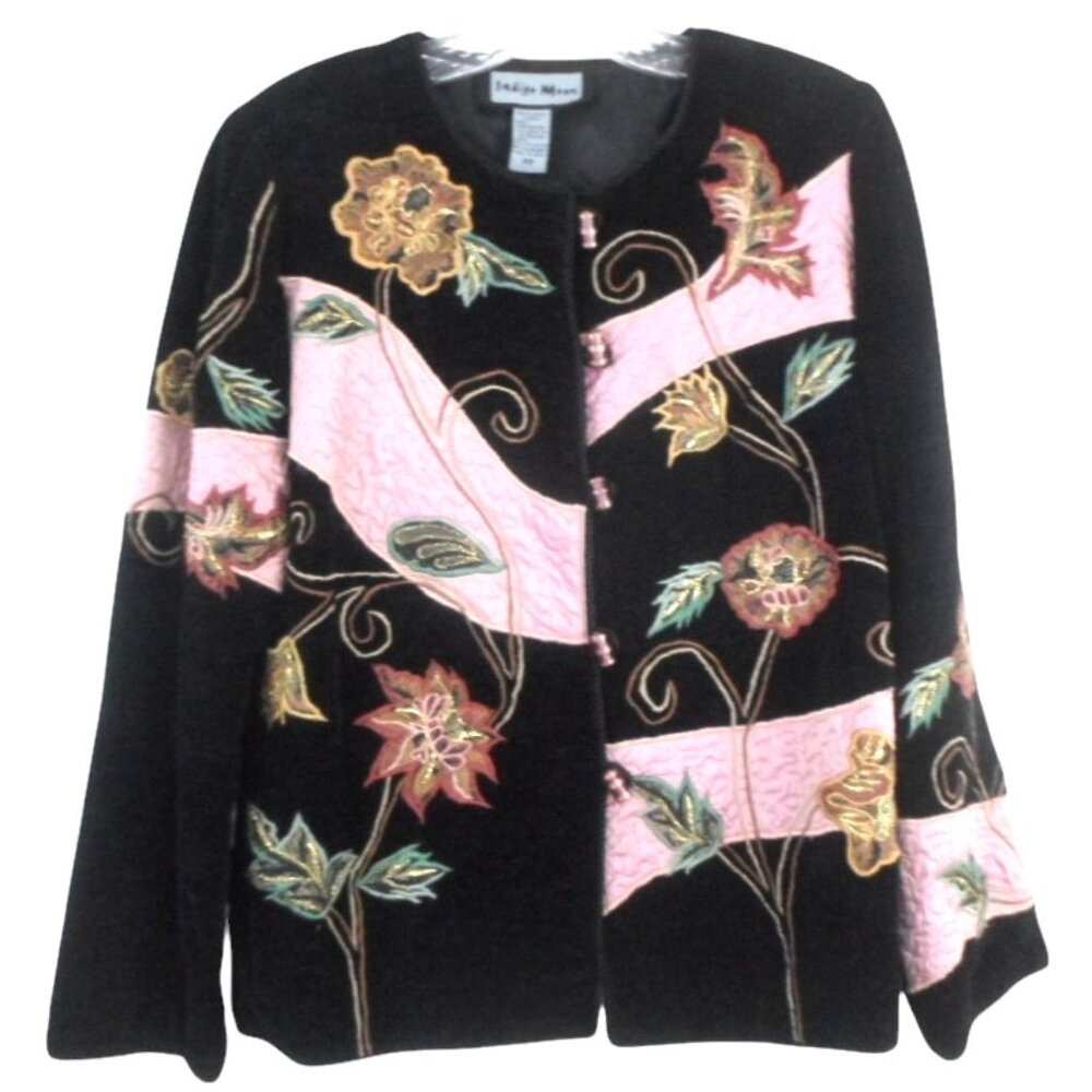 Indigo Moon Floral Embroidered Jacket sz XS Black Pink Chenille Velvet Fabric